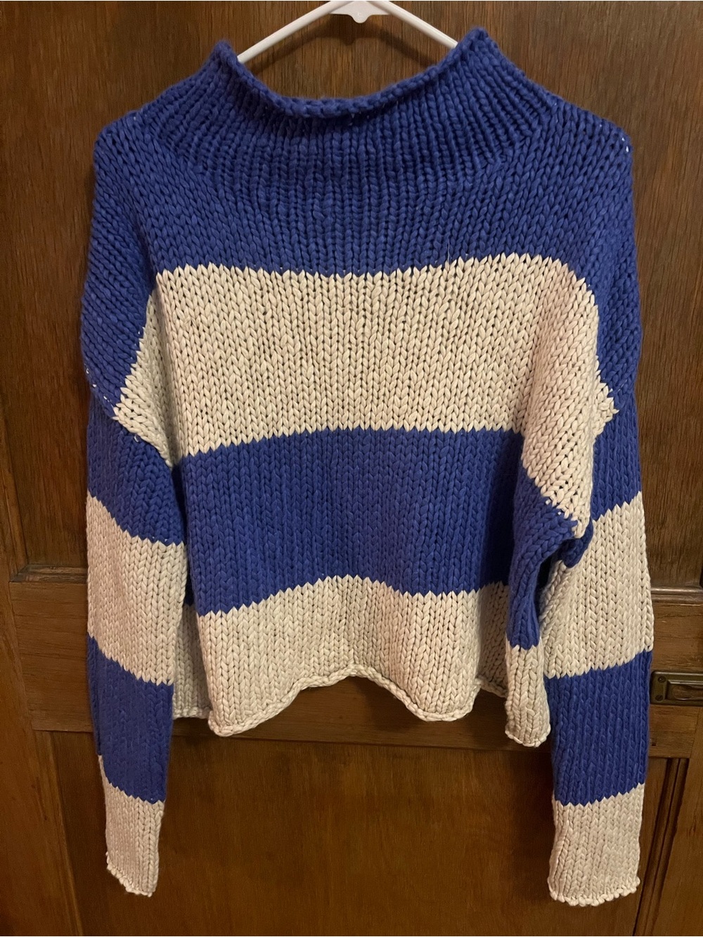 Free People Blue and Cream Striped Chunky Turtleneck Sweater